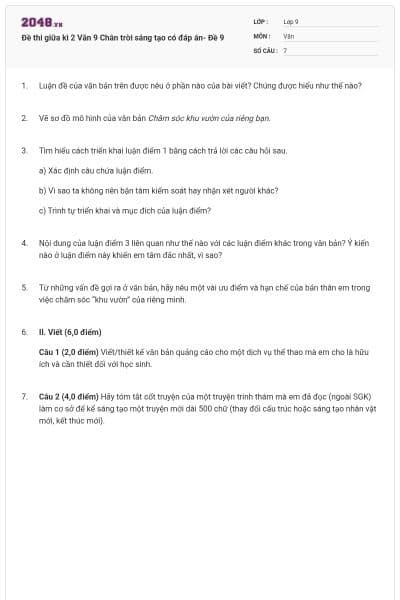 Đề thi giữa kì 2 Văn 9 Chân trời sáng tạo có đáp án- Đề 9