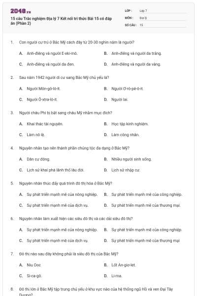 15 câu Trắc nghiệm Địa lý 7 Kết nối tri thức Bài 15 có đáp án (Phần 2)