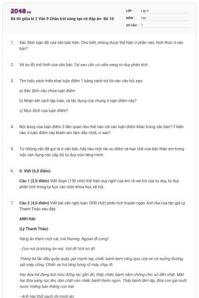 Đề thi giữa kì 2 Văn 9 Chân trời sáng tạo có đáp án- Đề 10