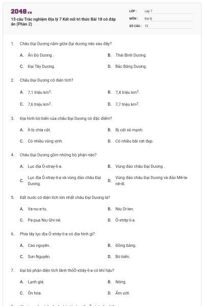 15 câu Trắc nghiệm Địa lý 7 Kết nối tri thức Bài 18 có đáp án (Phần 2)