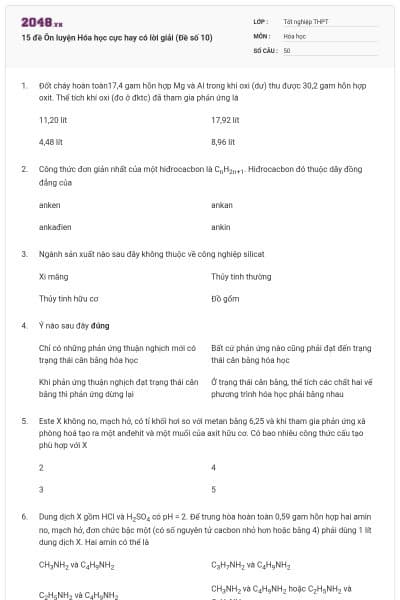 15 đề Ôn luyện Hóa học cực hay có lời giải (Đề số 10)