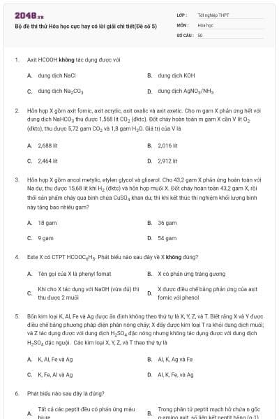 Bộ đề thi thử Hóa học cực hay có lời giải chi tiết(Đề số 5)