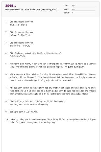 Đề kiểm tra cuối kỳ 2 Toán 8 có đáp án ( Mới nhất)_ đề 17