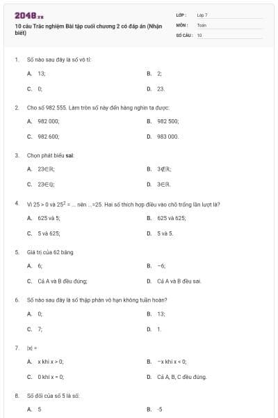 10 câu Trắc nghiệm Bài tập cuối chương 2 có đáp án (Nhận biết)