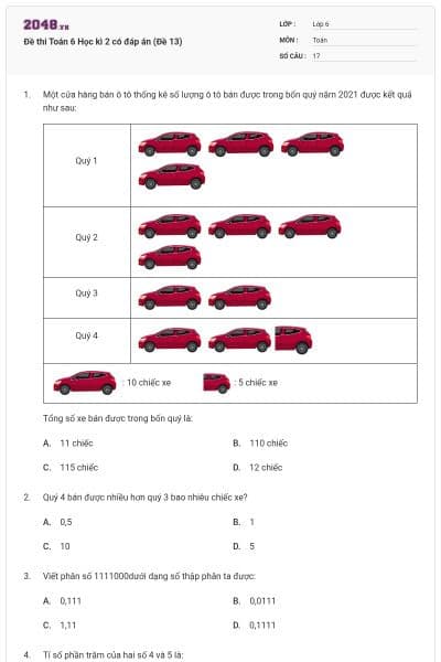 Đề thi Toán 6 Học kì 2 có đáp án (Đề 13)