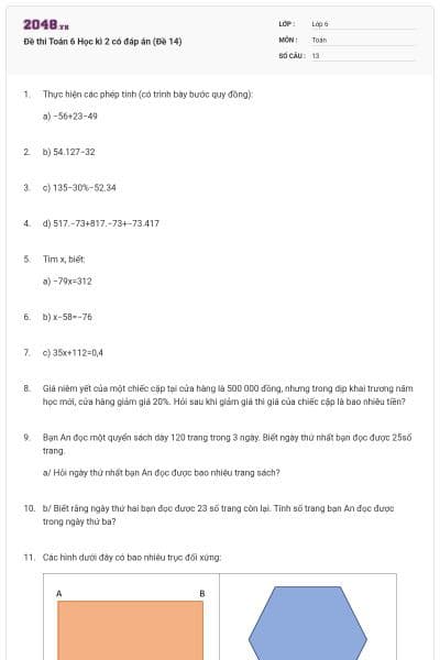 Đề thi Toán 6 Học kì 2 có đáp án (Đề 14)