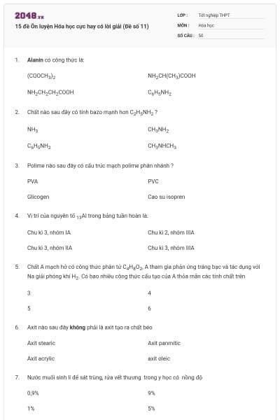 15 đề Ôn luyện Hóa học cực hay có lời giải (Đề số 11)