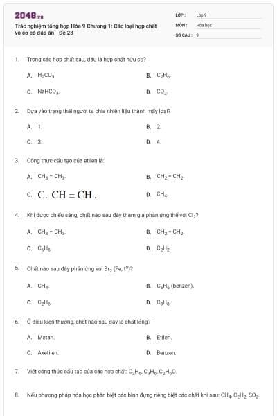 Trắc nghiệm tổng hợp Hóa 9 Chương 1: Các loại hợp chất vô cơ có đáp án - Đề 28
