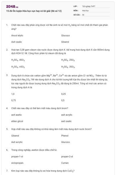 15 đề Ôn luyện Hóa học cực hay có lời giải (Đề số 12)