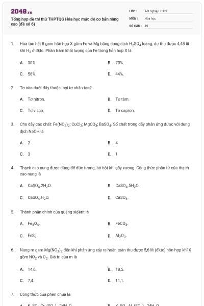 Tổng hợp đề thi thử THPTQG Hóa học mức độ cơ bản nâng cao (đề số 6)