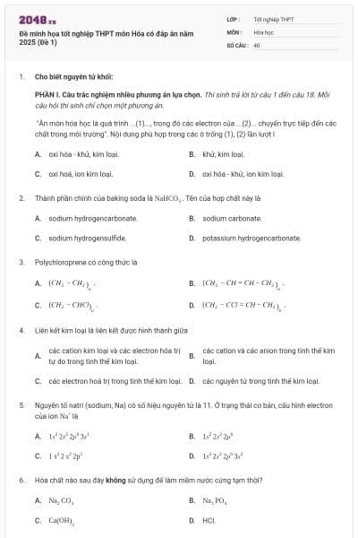 Đề minh họa tốt nghiệp THPT môn Hóa có đáp án năm 2025 (Đề 1)