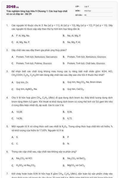 Trắc nghiệm tổng hợp Hóa 9 Chương 1: Các loại hợp chất vô cơ có đáp án - Đề 29