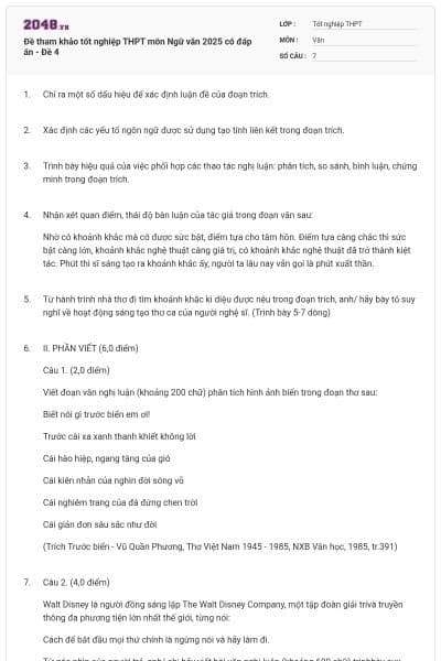 Đề tham khảo tốt nghiệp THPT môn Ngữ văn 2025 có đáp án - Đề 4