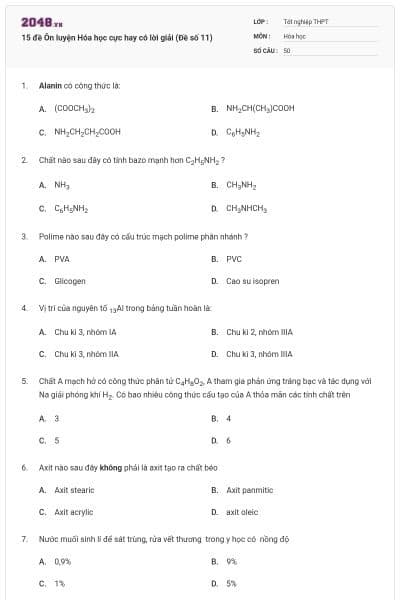 15 đề Ôn luyện Hóa học cực hay có lời giải (Đề số 11)