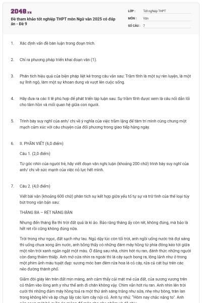 Đề tham khảo tốt nghiệp THPT môn Ngữ văn 2025 có đáp án - Đề 9