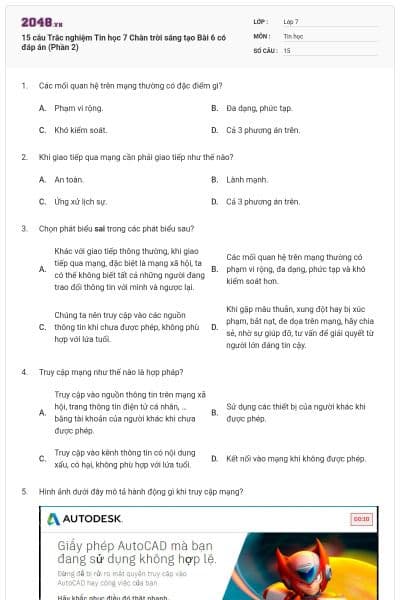 15 câu Trắc nghiệm Tin học 7 Chân trời sáng tạo Bài 6 có đáp án (Phần 2)