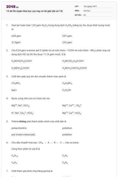 15 đề Ôn luyện Hóa học cực hay có lời giải (Đề số 14)