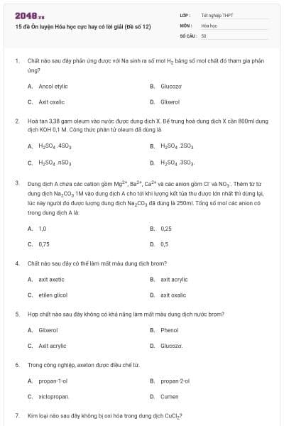 15 đề Ôn luyện Hóa học cực hay có lời giải (Đề số 12)