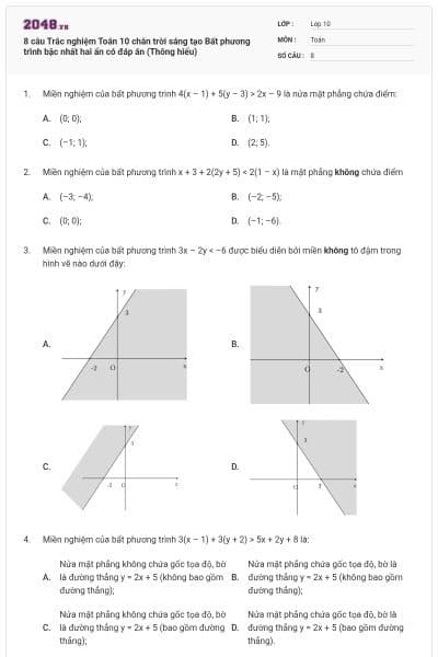 8 câu  Trắc nghiệm Toán 10 chân trời sáng tạo Bất phương trình bậc nhất hai ẩn có đáp án (Thông hiểu)