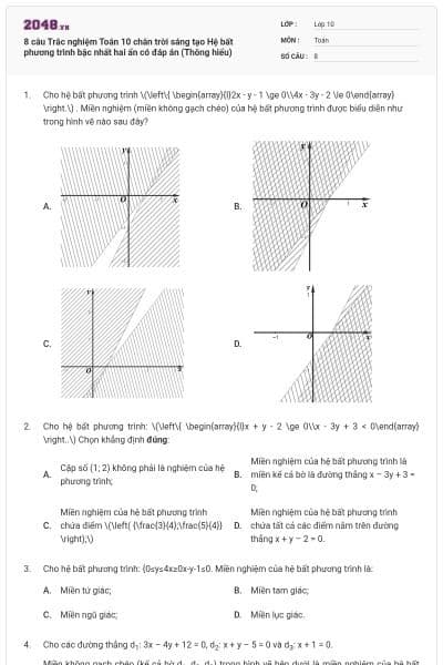 8 câu  Trắc nghiệm Toán 10 chân trời sáng tạo Hệ bất phương trình bậc nhất hai ẩn có đáp án (Thông hiểu)