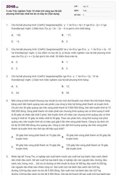5 câu Trắc nghiệm Toán 10 chân trời sáng tạo Hệ bất phương trình bậc nhất hai ẩn có đáp án (Vận dụng)
