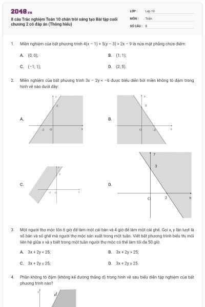 8 câu  Trắc nghiệm Toán 10 chân trời sáng tạo Bài tập cuối chương 2 có đáp án (Thông hiểu)