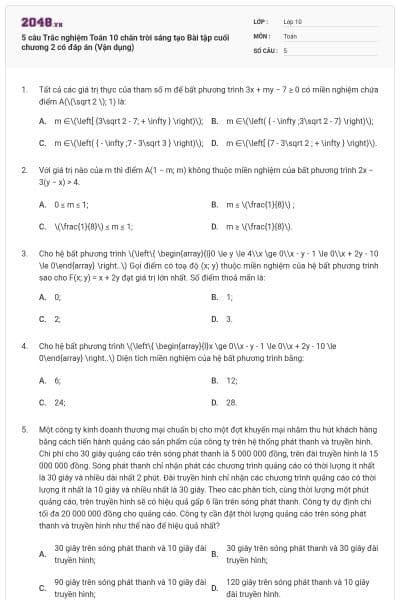 5 câu Trắc nghiệm Toán 10 chân trời sáng tạo Bài tập cuối chương 2 có đáp án (Vận dụng)