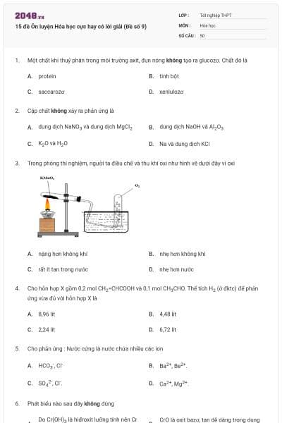 15 đề Ôn luyện Hóa học cực hay có lời giải (Đề số 9)