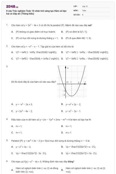 8 câu Trắc nghiệm Toán 10 chân trời sáng tạo Hàm số bậc hai có đáp án (Thông hiểu)