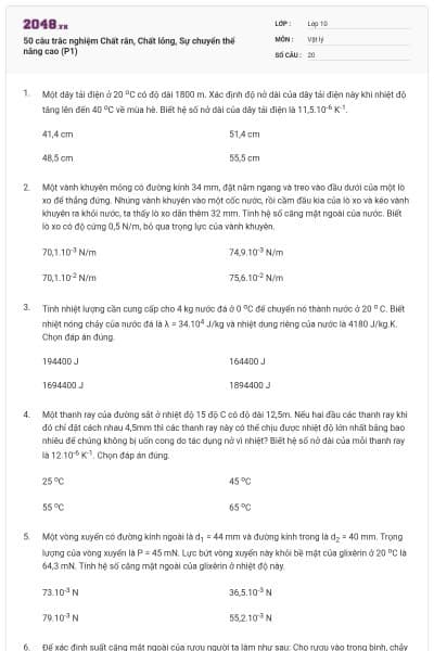 50 câu trắc nghiệm Chất rắn, Chất lỏng, Sự chuyển thể nâng cao (P1)