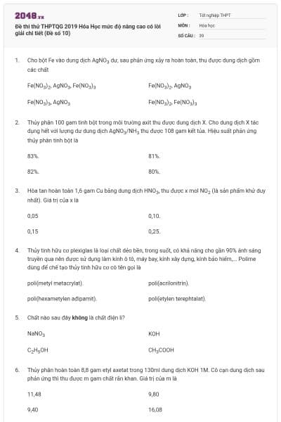 Đề thi thử THPTQG 2019 Hóa Học mức độ nâng cao có lời giải chi tiết (Đề số 10)