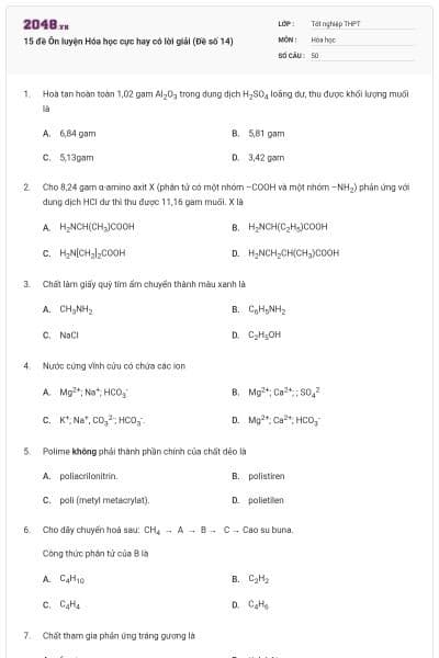 15 đề Ôn luyện Hóa học cực hay có lời giải (Đề số 14)