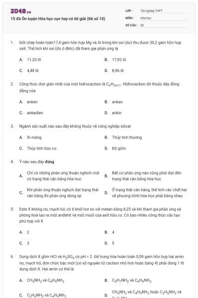 15 đề Ôn luyện Hóa học cực hay có lời giải (Đề số 10)