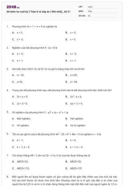 Đề kiểm tra cuối kỳ 2 Toán 8 có đáp án ( Mới nhất)_ đề  21