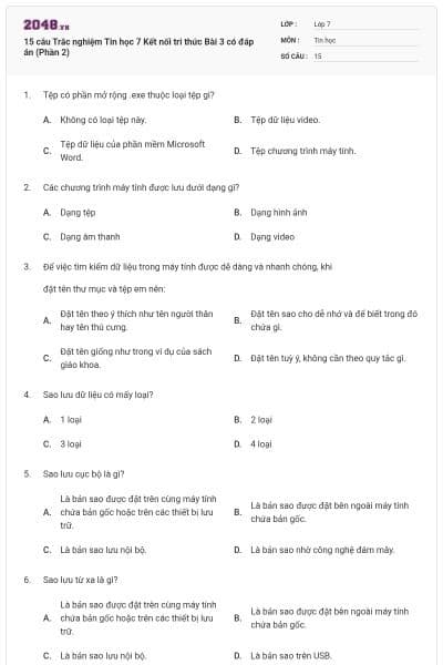 15 câu Trắc nghiệm Tin học 7 Kết nối tri thức Bài 3 có đáp án (Phần 2)