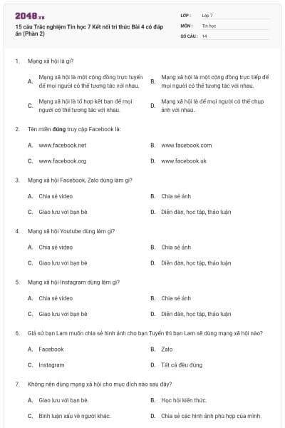 15 câu Trắc nghiệm Tin học 7 Kết nối tri thức Bài 4 có đáp án (Phần 2)