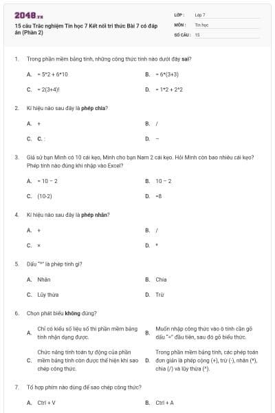 15 câu Trắc nghiệm Tin học 7 Kết nối tri thức Bài 7 có đáp án (Phần 2)