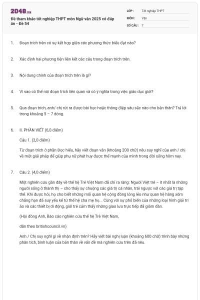 Đề tham khảo tốt nghiệp THPT môn Ngữ văn 2025 có đáp án - Đề 54