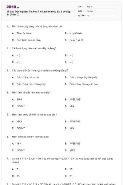 15 câu Trắc nghiệm Tin học 7 Kết nối tri thức Bài 8 có đáp án (Phần 2)