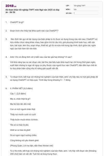 Đề tham khảo tốt nghiệp THPT môn Ngữ văn 2025 có đáp án - Đề 56