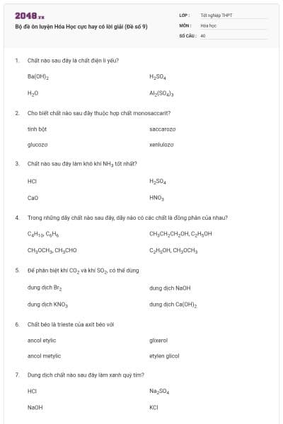 Bộ đề ôn luyện Hóa Học cực hay có lời giải (Đề số 9)