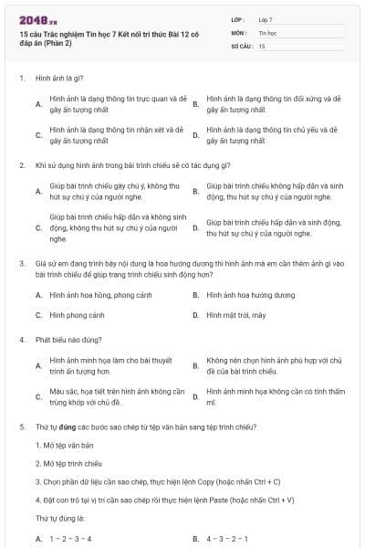 15 câu Trắc nghiệm Tin học 7 Kết nối tri thức Bài 12 có đáp án (Phần 2)