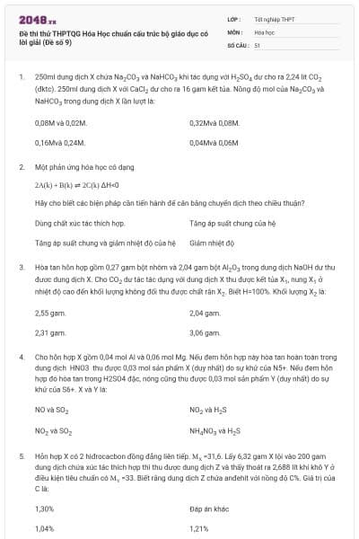 Đề thi thử THPTQG Hóa Học chuẩn cấu trúc bộ giáo dục có lời giải (Đề số 9)