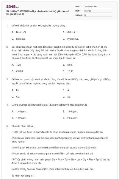 Đề thi thử THPTQG Hóa Học chuẩn cấu trúc bộ giáo dục có lời giải (Đề số 8)