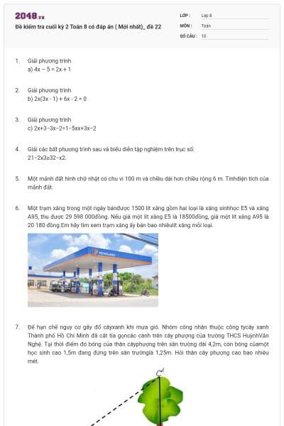 Đề kiểm tra cuối kỳ 2 Toán 8 có đáp án ( Mới nhất)_ đề  22