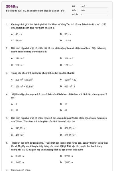 Bộ 5 đề thi cuối kì 2 Toán lớp 5 Cánh diều có đáp án - Đề 1
