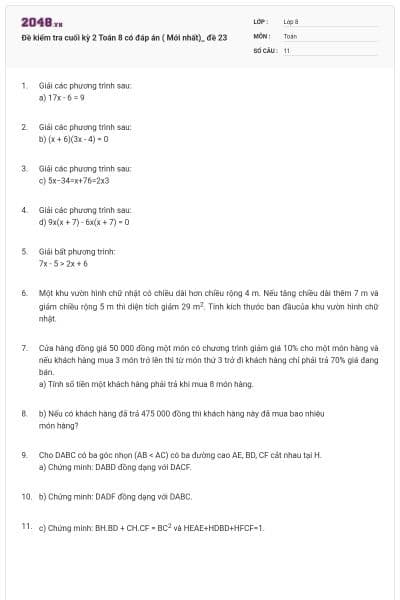 Đề kiểm tra cuối kỳ 2 Toán 8 có đáp án ( Mới nhất)_ đề  23
