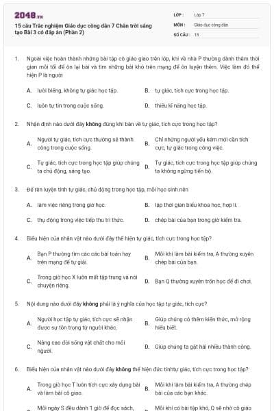 15 câu Trắc nghiệm Giáo dục công dân 7 Chân trời sáng tạo Bài 3 có đáp án (Phần 2)