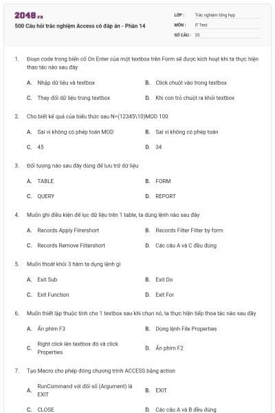500 Câu hỏi trắc nghiệm Access có đáp án - Phần 14