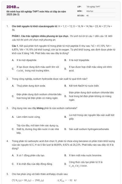 Đề minh họa tốt nghiệp THPT môn Hóa có đáp án năm 2025 (Đề 3)